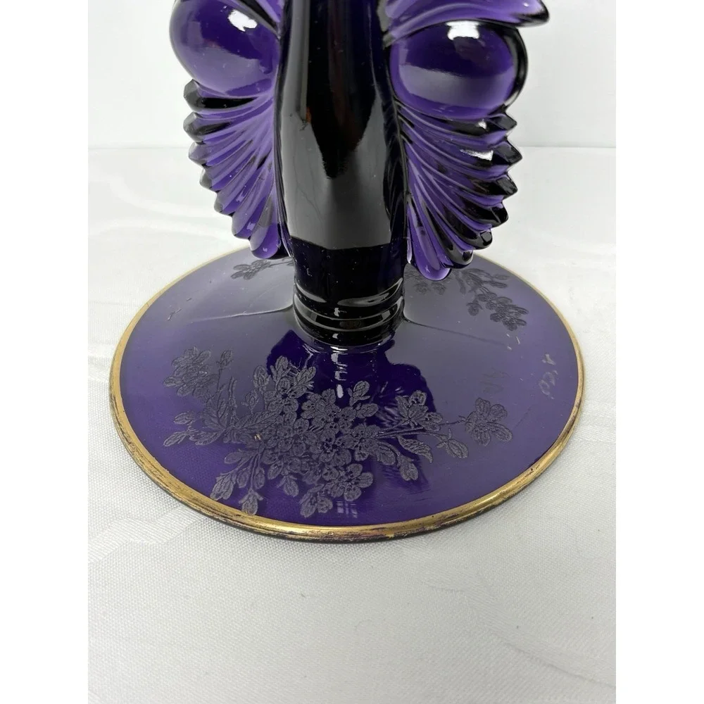2 VTG Paden City Purple Amethyst Glass Art Deco Candlesticks Maya Ardith Etching